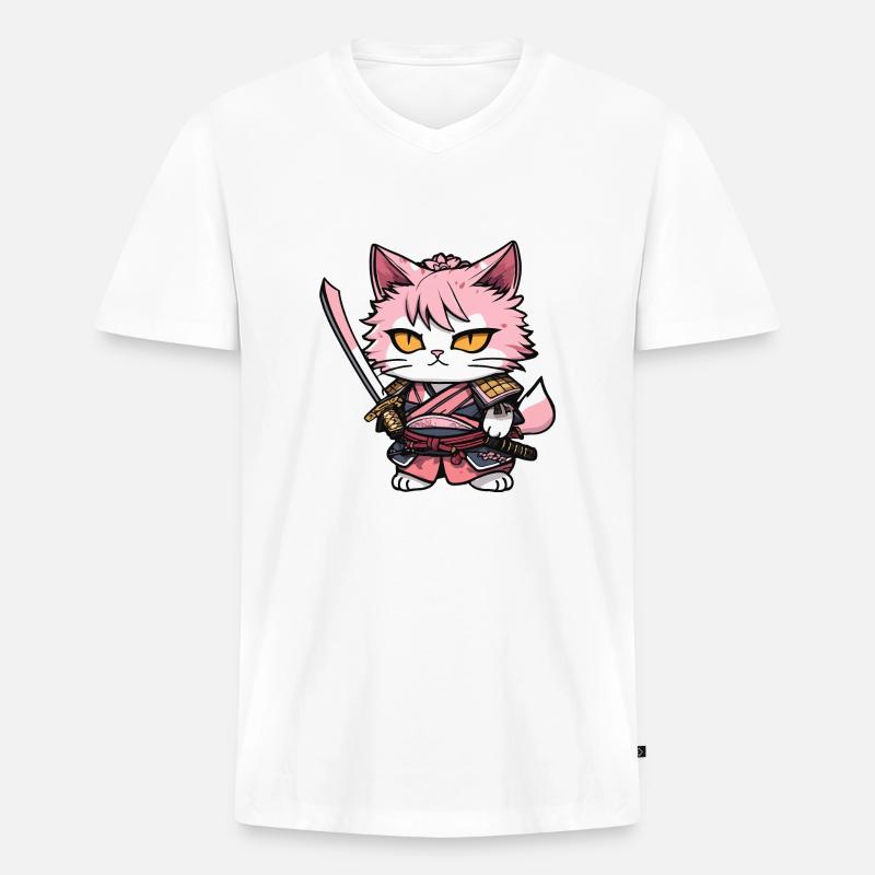 Samurai Katze & Kirschblüten #13 - Männer Premium Bio T-Shirt mit V-Ausschnitt - Weiß