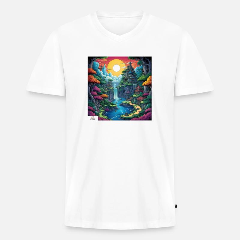 Friedliches Comic-Refugium - Männer Premium Bio T-Shirt mit V-Ausschnitt - Weiß