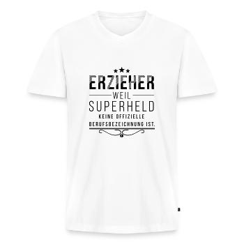 Erzieher - Superheld - Geschenk für Erzieher - Männer Premium Bio T-Shirt mit V-Ausschnitt - Weiß - Vorne - Nico (187cm)