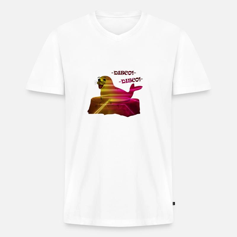 Disko Retro Seehund - Männer Premium Bio T-Shirt mit V-Ausschnitt - Weiß
