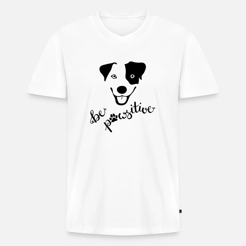 Fröhlicher Hund "be pawsitive" - Männer Premium Bio T-Shirt mit V-Ausschnitt - Weiß