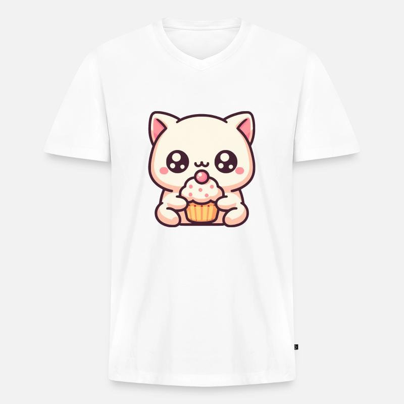 Süße Katze mit cupcake - Männer Premium Bio T-Shirt mit V-Ausschnitt - Weiß
