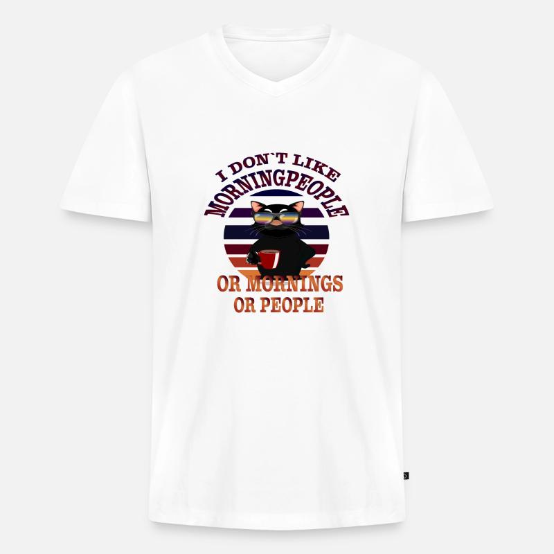 Morgenmuffel Kaffee Katze Motiv - Männer Premium Bio T-Shirt mit V-Ausschnitt - Weiß