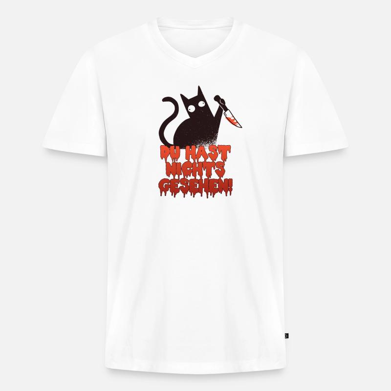 Psycho Katze mit Messer du hast nichts gesehen - Männer Premium Bio T-Shirt mit V-Ausschnitt - Weiß