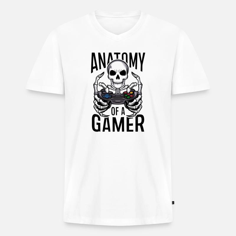 Gamer Skeleton mit Gamecontroller - Männer Premium Bio T-Shirt mit V-Ausschnitt - Weiß