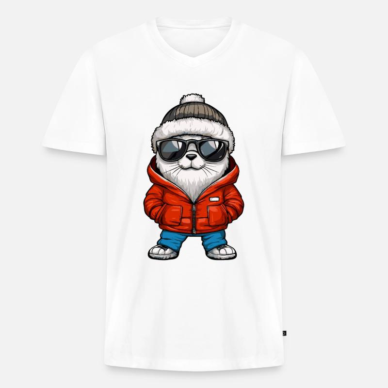 Robbe Tier Cool Comic - Männer Premium Bio T-Shirt mit V-Ausschnitt - Weiß