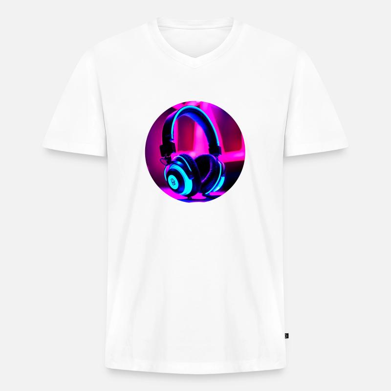 Neon-Kopfhörer - Männer Premium Bio T-Shirt mit V-Ausschnitt - Weiß