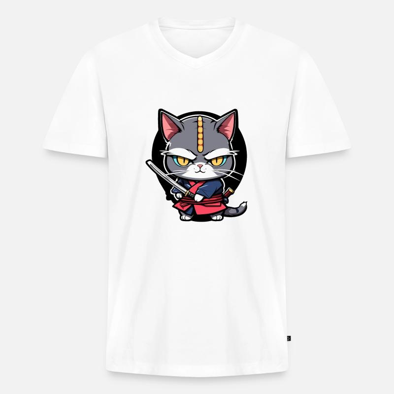 Samurai-Katze #8 - Männer Premium Bio T-Shirt mit V-Ausschnitt - Weiß