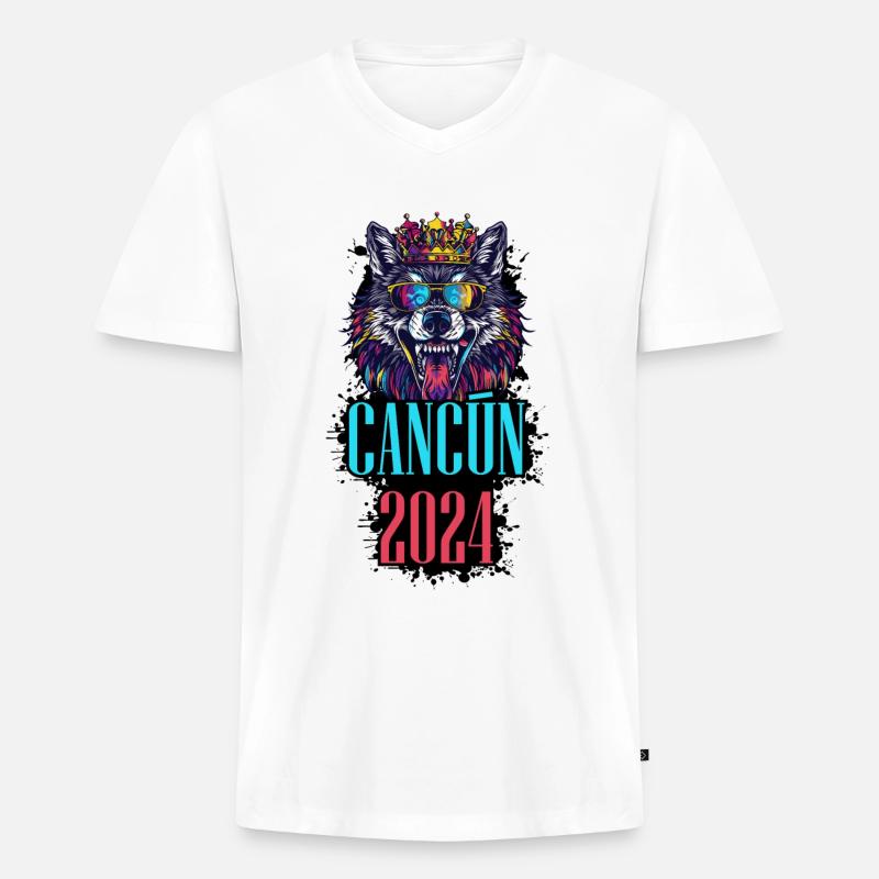 Cancun 2024 Urlaub Wolf - Männer Premium Bio T-Shirt mit V-Ausschnitt - Weiß