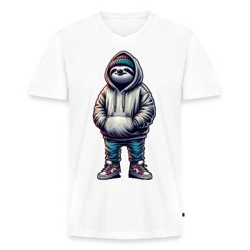 Cooler Faultier Mit Hoodie Und Mütze - Männer Premium Bio T-Shirt mit V-Ausschnitt - Weiß - Vorne - Nico (187cm)