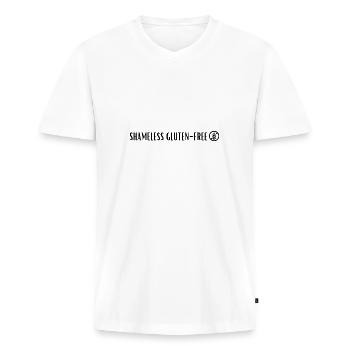 SHAMELESS GLUTEN FREE BLACK - Männer Premium Bio T-Shirt mit V-Ausschnitt - Weiß - Vorne - Nico (187cm)
