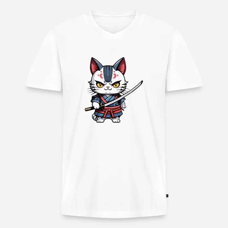 Samurai-Katze #27 - Männer Premium Bio T-Shirt mit V-Ausschnitt - Weiß
