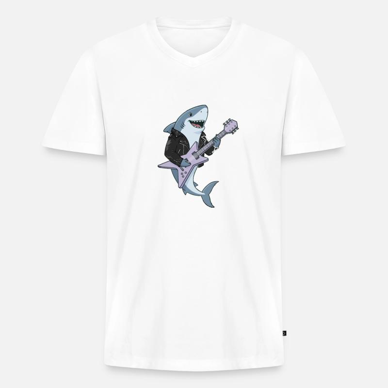 Shark Rocker mit E-Gitarre - Männer Premium Bio T-Shirt mit V-Ausschnitt - Weiß