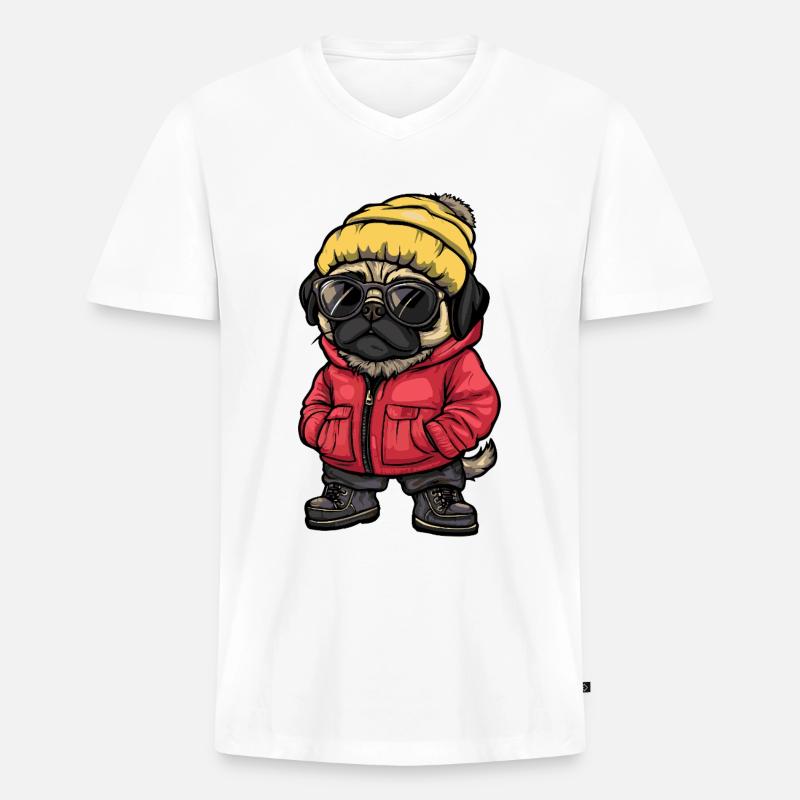 Mops Hund Cool Comic - Männer Premium Bio T-Shirt mit V-Ausschnitt - Weiß