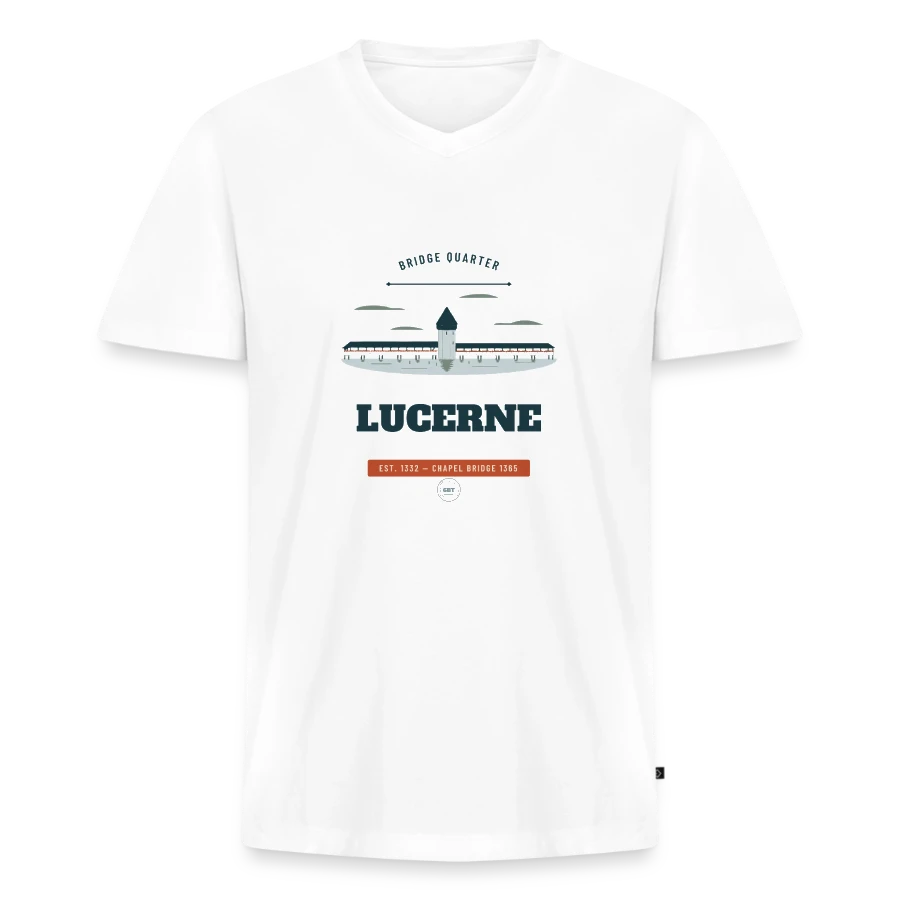 Lucerne badge on a men's premium organic t-shirt with v-neck, white