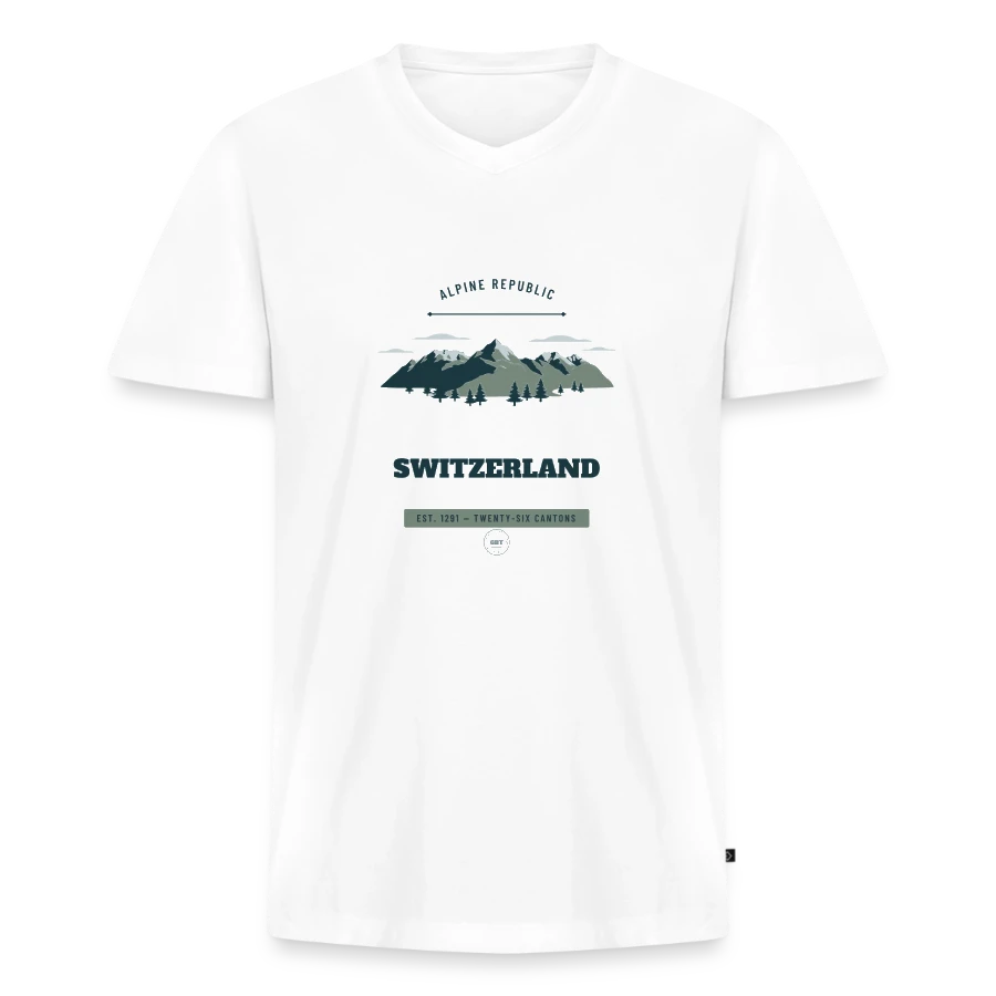 Switzerland badge on a men's premium organic t-shirt with v-neck, white