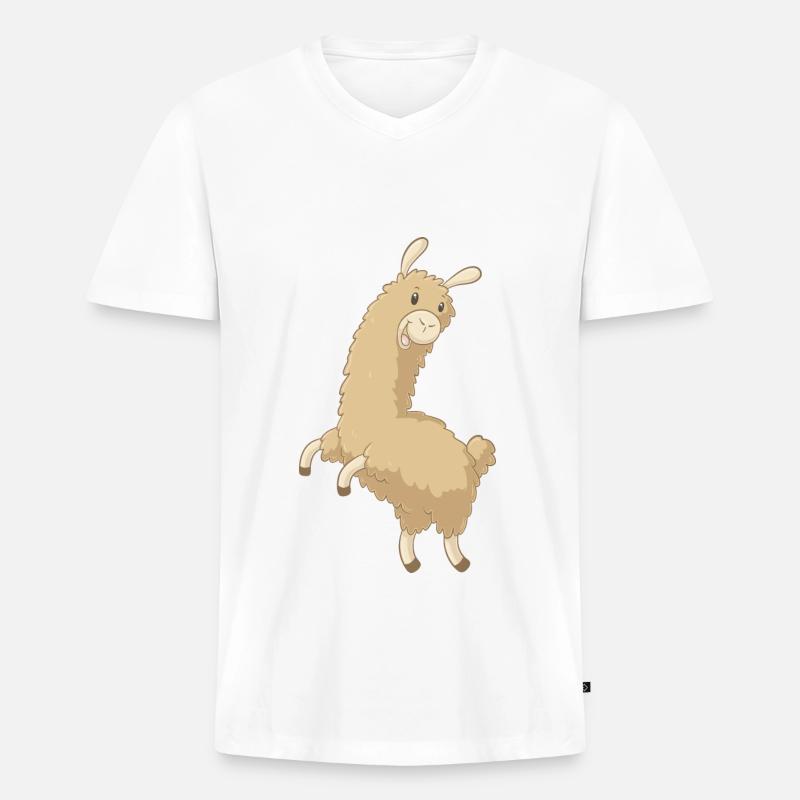 Springendes Comic Alpaka - Männer Premium Bio T-Shirt mit V-Ausschnitt - Weiß