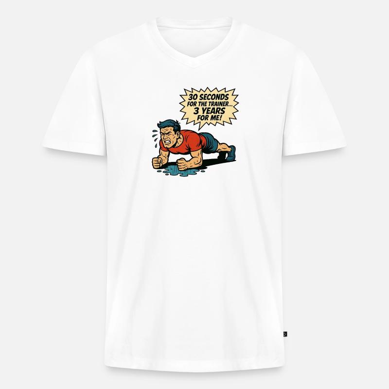 Funny Retro Gym Comic – Plank Struggle - Männer Premium Bio T-Shirt mit V-Ausschnitt - Weiß