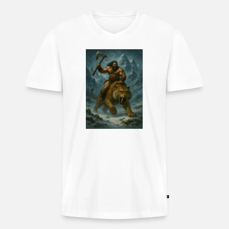 Wilder Krieger auf Sabertooth Tiger – Kunst - Männer Premium Bio T-Shirt mit V-Ausschnitt - Weiß
