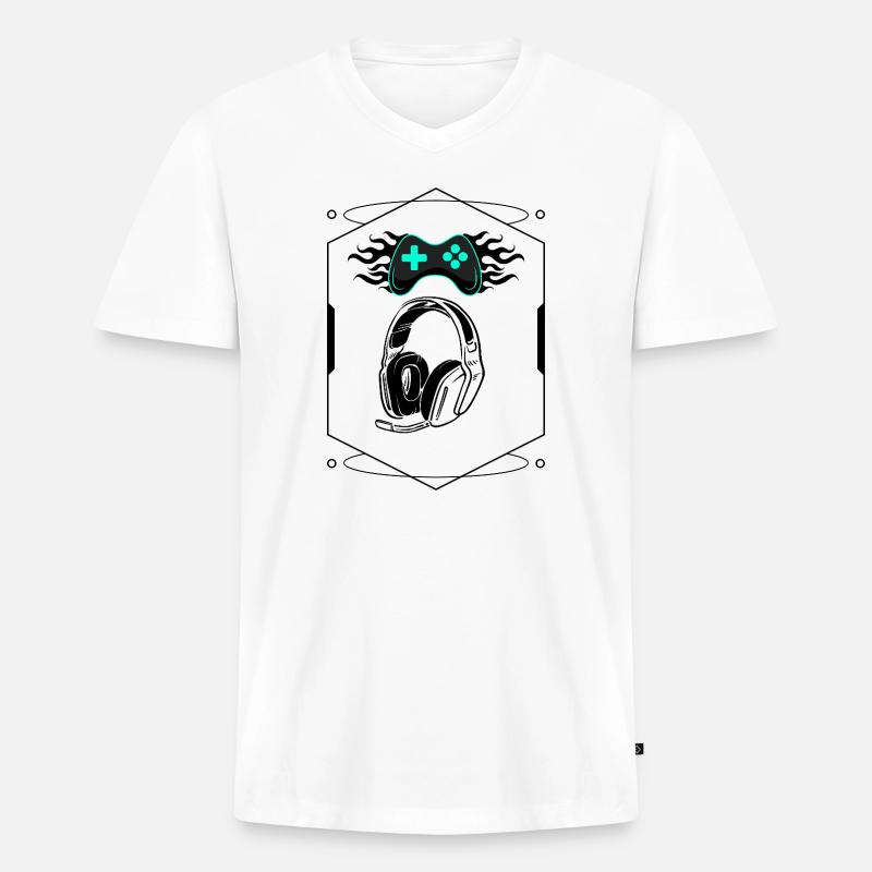 Futuristischer flammender Controller und Gaming-Headset - Männer Premium Bio T-Shirt mit V-Ausschnitt - Weiß