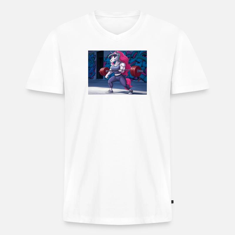 Kraftvolles Einhorn-Training - Männer Premium Bio T-Shirt mit V-Ausschnitt - Weiß