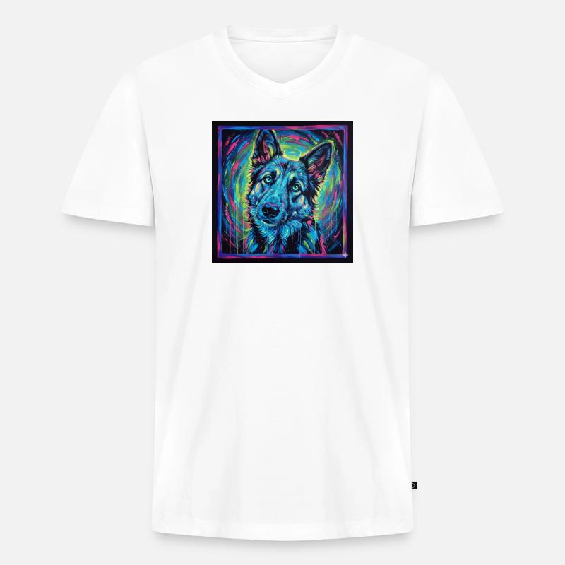 Neon-Wolfsblick - Männer Premium Bio T-Shirt mit V-Ausschnitt - Weiß