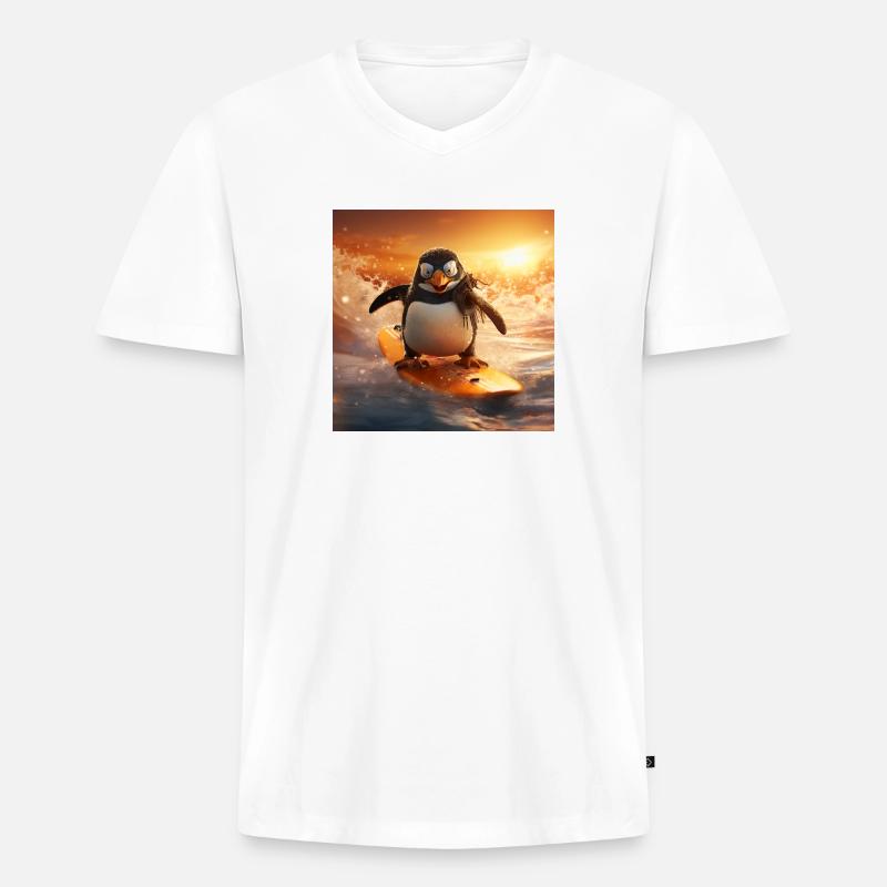 Pinguin riding on waves - Männer Premium Bio T-Shirt mit V-Ausschnitt - Weiß