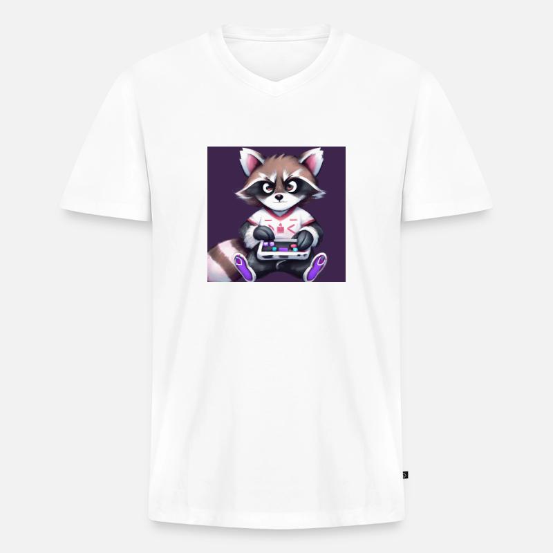 kaweii racoon playing computer games - Männer Premium Bio T-Shirt mit V-Ausschnitt - Weiß
