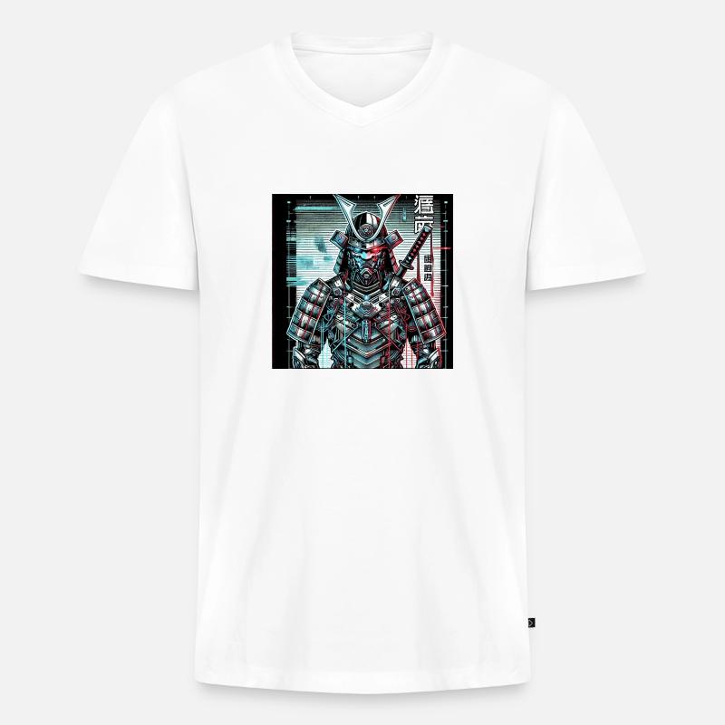 Cyberpunk Samurai – Neon Shadow - Männer Premium Bio T-Shirt mit V-Ausschnitt - Weiß