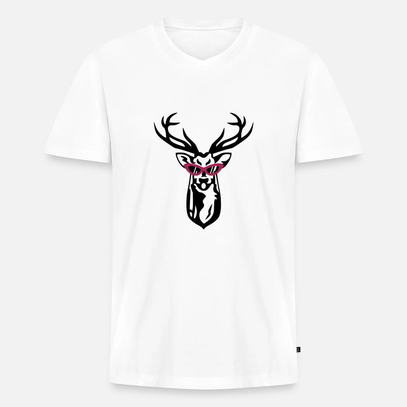 Hirsch mit Retrobrille - Männer Premium Bio T-Shirt mit V-Ausschnitt - Weiß