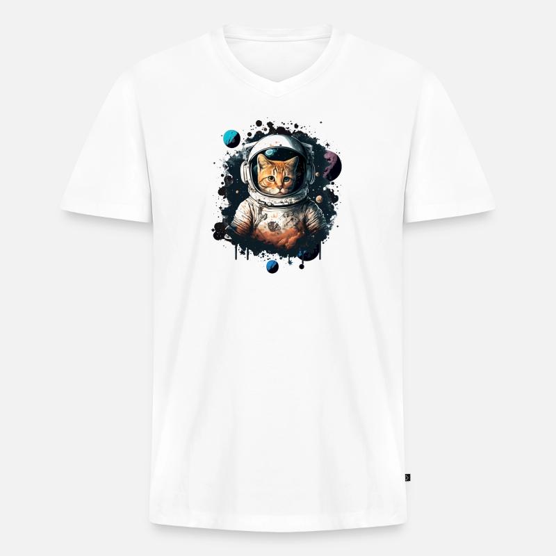 Astronaut Katze - Männer Premium Bio T-Shirt mit V-Ausschnitt - Weiß