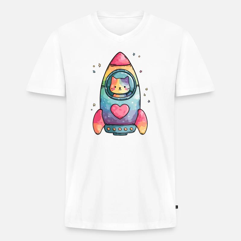 Rainbow Rocket Katze Herz - Männer Premium Bio T-Shirt mit V-Ausschnitt - Weiß
