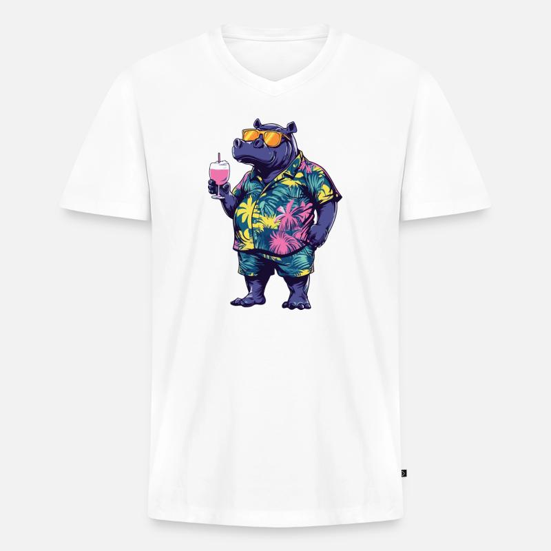 Nilpferd Comic Sommer - Männer Premium Bio T-Shirt mit V-Ausschnitt - Weiß