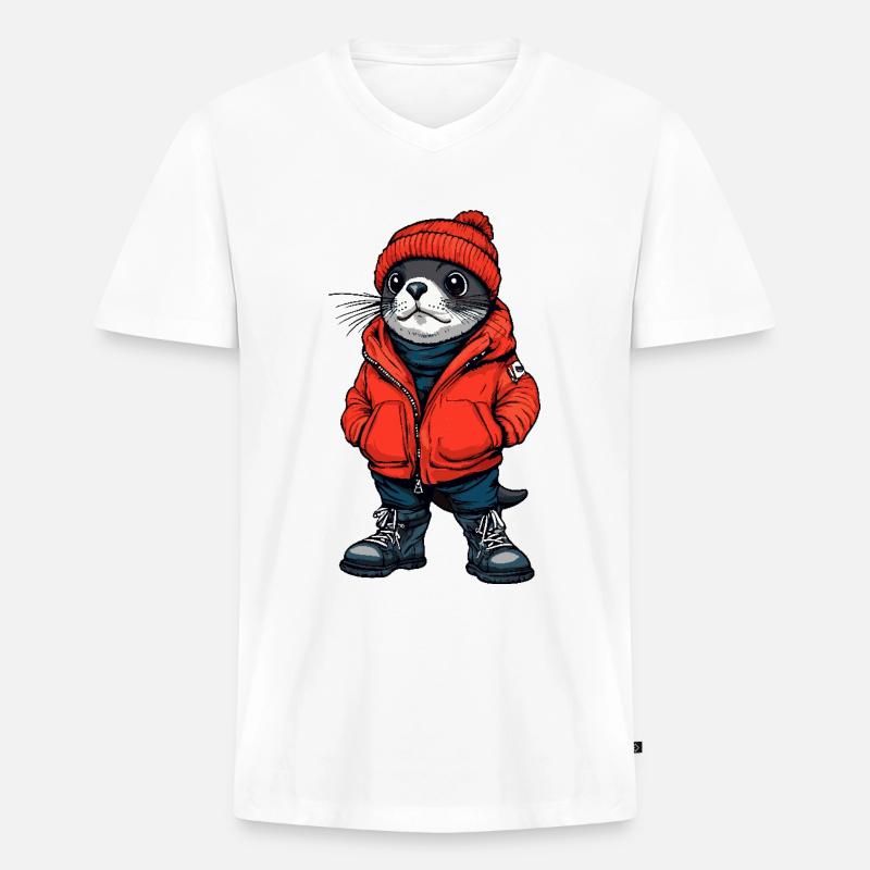 Robbe Tier Lustig Winter - Männer Premium Bio T-Shirt mit V-Ausschnitt - Weiß