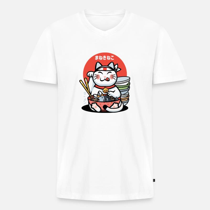 Maneki-Neko-Glücks-Ramen - Männer Premium Bio T-Shirt mit V-Ausschnitt - Weiß