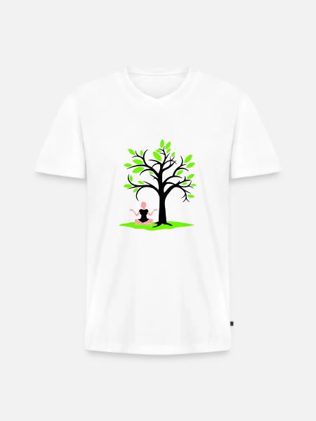 Meditasjon under treet skog trance kvinne mediterer - Premium økologisk T-skjorte med V-hals for menn - hvit