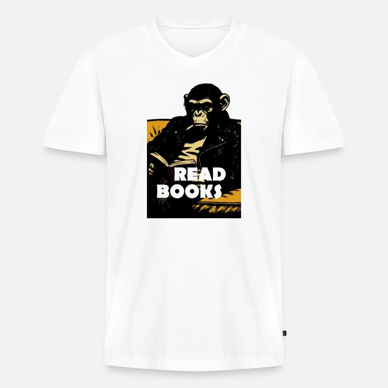 Chimp liest Bücher - Männer Premium Bio T-Shirt mit V-Ausschnitt - Weiß