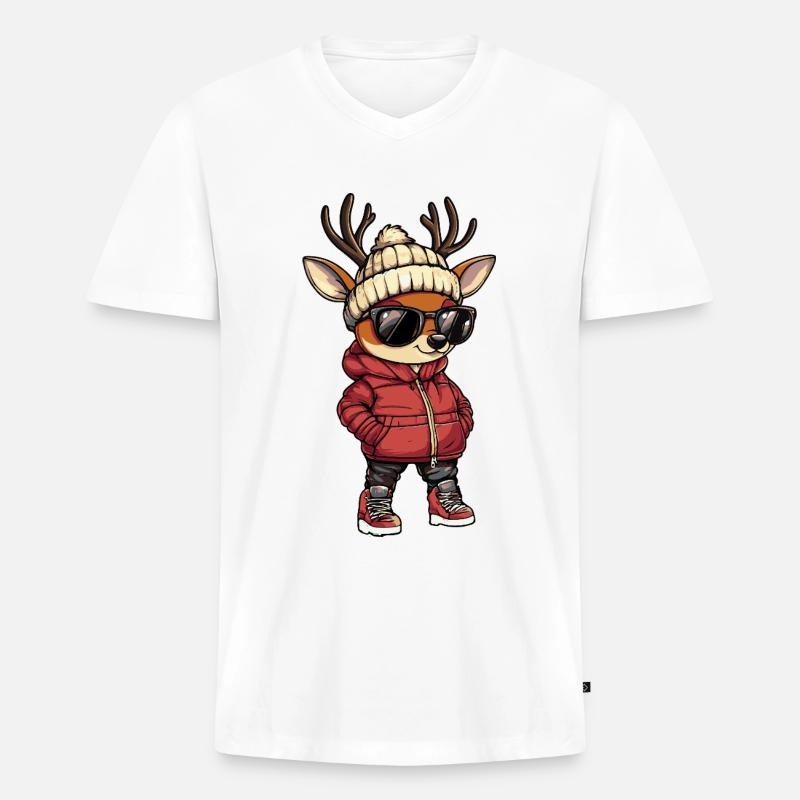 Hirsch Cool Comic - Männer Premium Bio T-Shirt mit V-Ausschnitt - Weiß