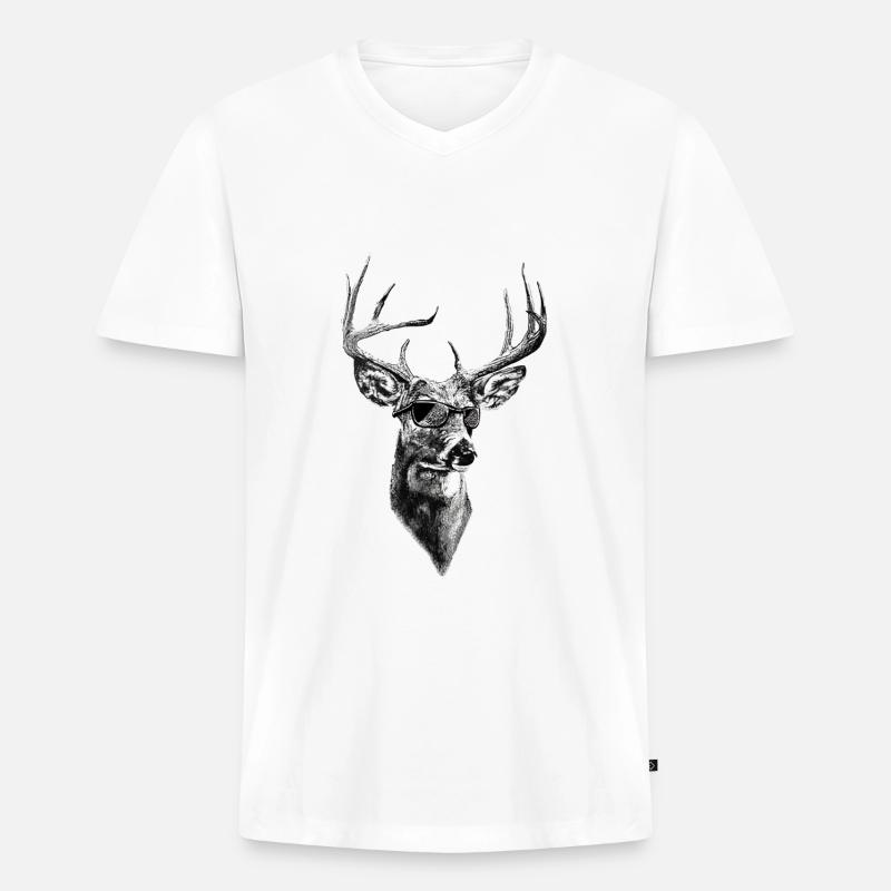 Hirsch mit Sonnenbrille - Männer Premium Bio T-Shirt mit V-Ausschnitt - Weiß