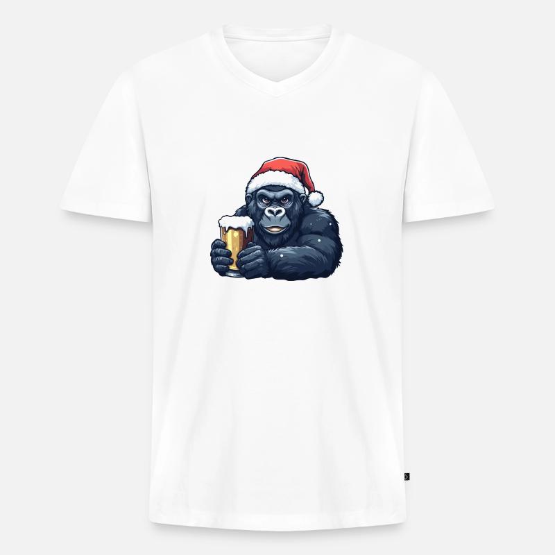 Gorilla Weihnachten Bier - Männer Premium Bio T-Shirt mit V-Ausschnitt - Weiß