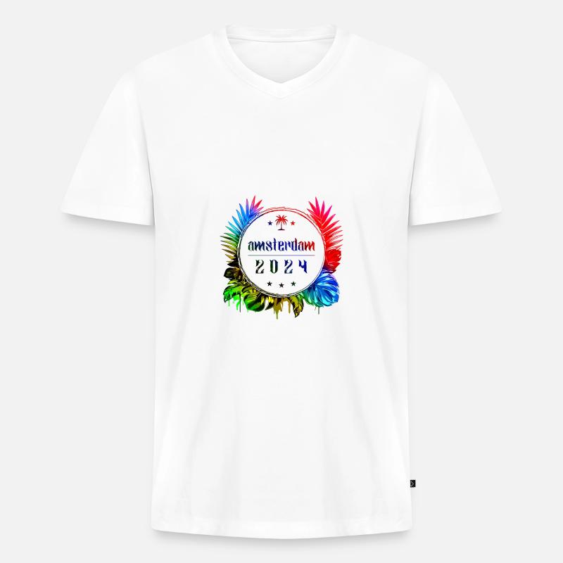 Amsterdam 2024 Bunt - Männer Premium Bio T-Shirt mit V-Ausschnitt - Weiß