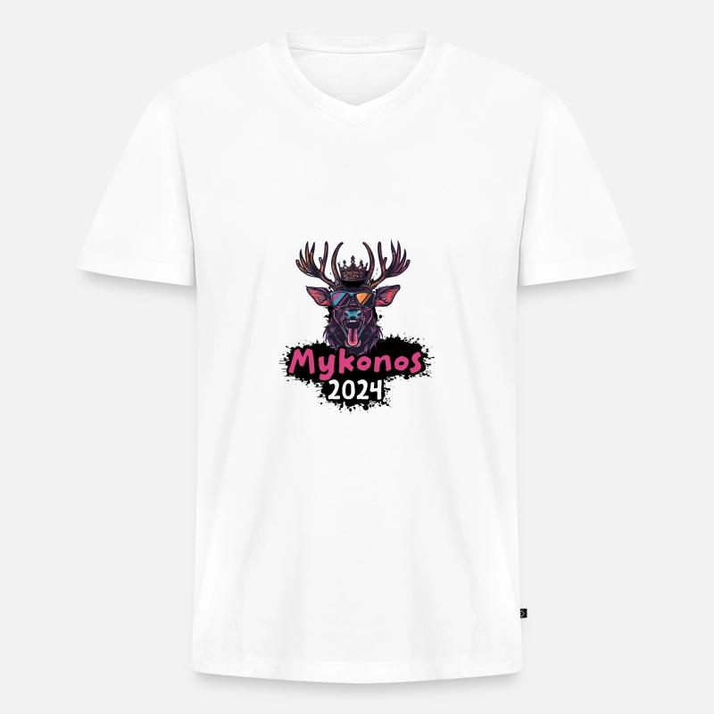Mykonos 2024 Hirsch - Männer Premium Bio T-Shirt mit V-Ausschnitt - Weiß