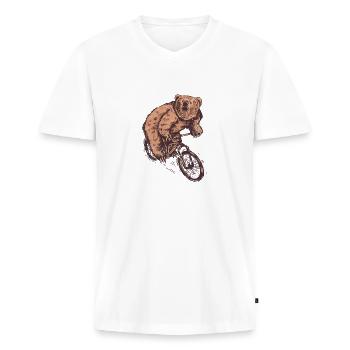 CYCLIST BEAR - Männer Premium Bio T-Shirt mit V-Ausschnitt - Weiß - Vorne - Nico (187cm)