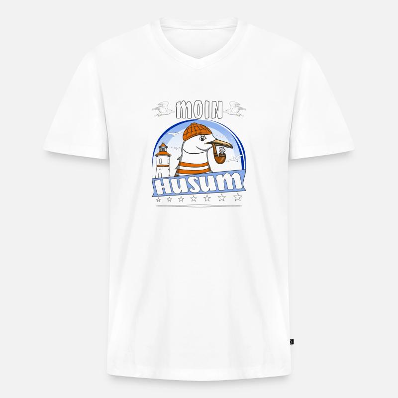 MÖWE MOIN HUSUM - Männer Premium Bio T-Shirt mit V-Ausschnitt - Weiß