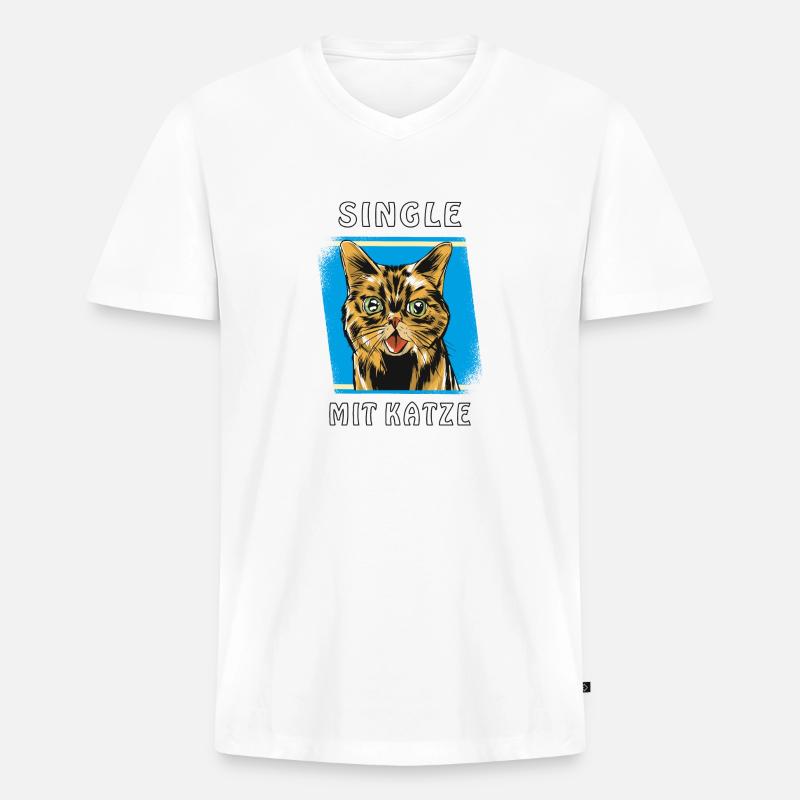 SINGLE MIT KATZE - Männer Premium Bio T-Shirt mit V-Ausschnitt - Weiß