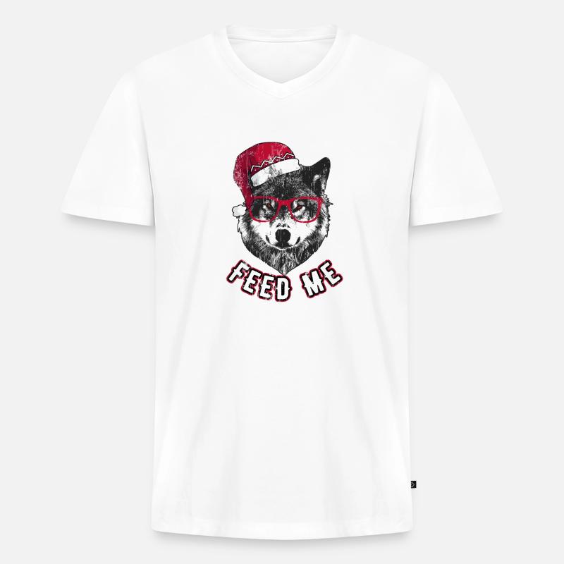 Feed Me – Grumpy Christmas Wolf - Männer Premium Bio T-Shirt mit V-Ausschnitt - Weiß