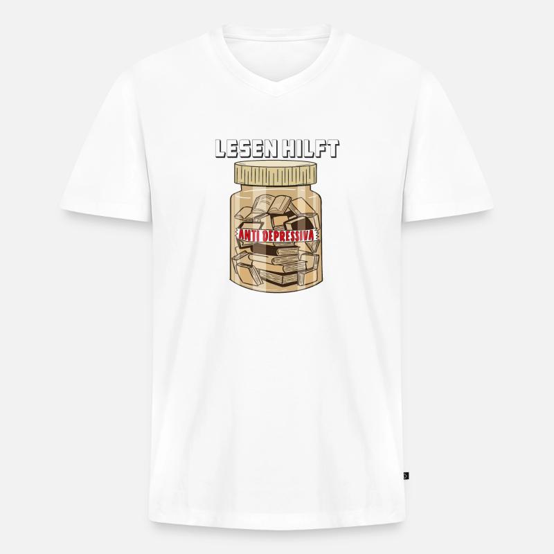BUCH LESEN HILFT - Männer Premium Bio T-Shirt mit V-Ausschnitt - Weiß