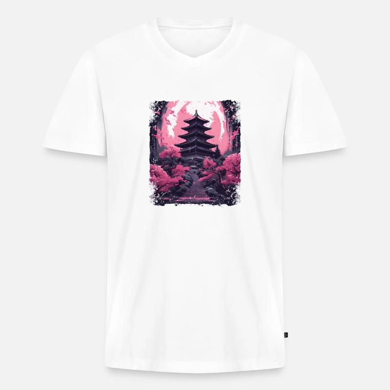 Kirschblüten-Sakura-Baum in einer Tempel-Dampfwelle - Männer Premium Bio T-Shirt mit V-Ausschnitt - Weiß