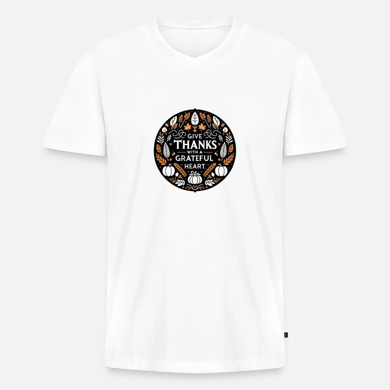 Danken Sie mit dankbarem Herzen - Männer Premium Bio T-Shirt mit V-Ausschnitt - Weiß