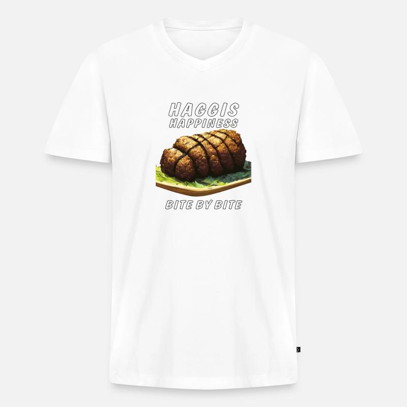 HAGGIS HAPPINESS BITE BY BITE - Männer Premium Bio T-Shirt mit V-Ausschnitt - Weiß